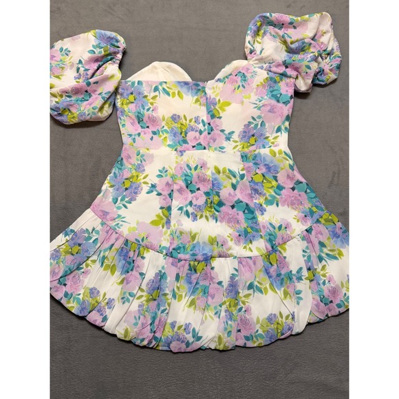Honey Plum Floral Babydoll Puff Sleeve Sweetheart Neckline Dress Garden Party - Picture 2 of 8